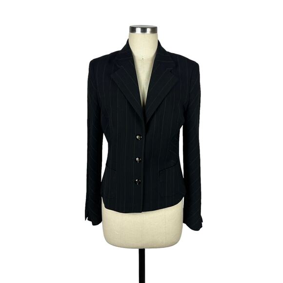 ESCADA Black Classic Pinstriped Career Blazer Jacket 38 Wool Button Front FLAW - Picture 1 of 8